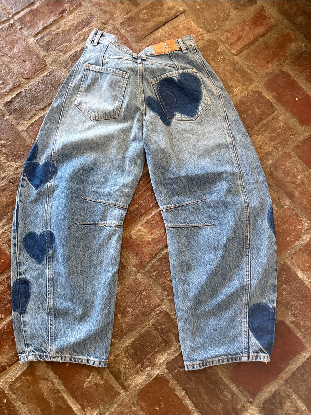 We The Free Light Blue Wide-Leg Jeans with Dark Blue Heart Patches - Picture 8 of 13
